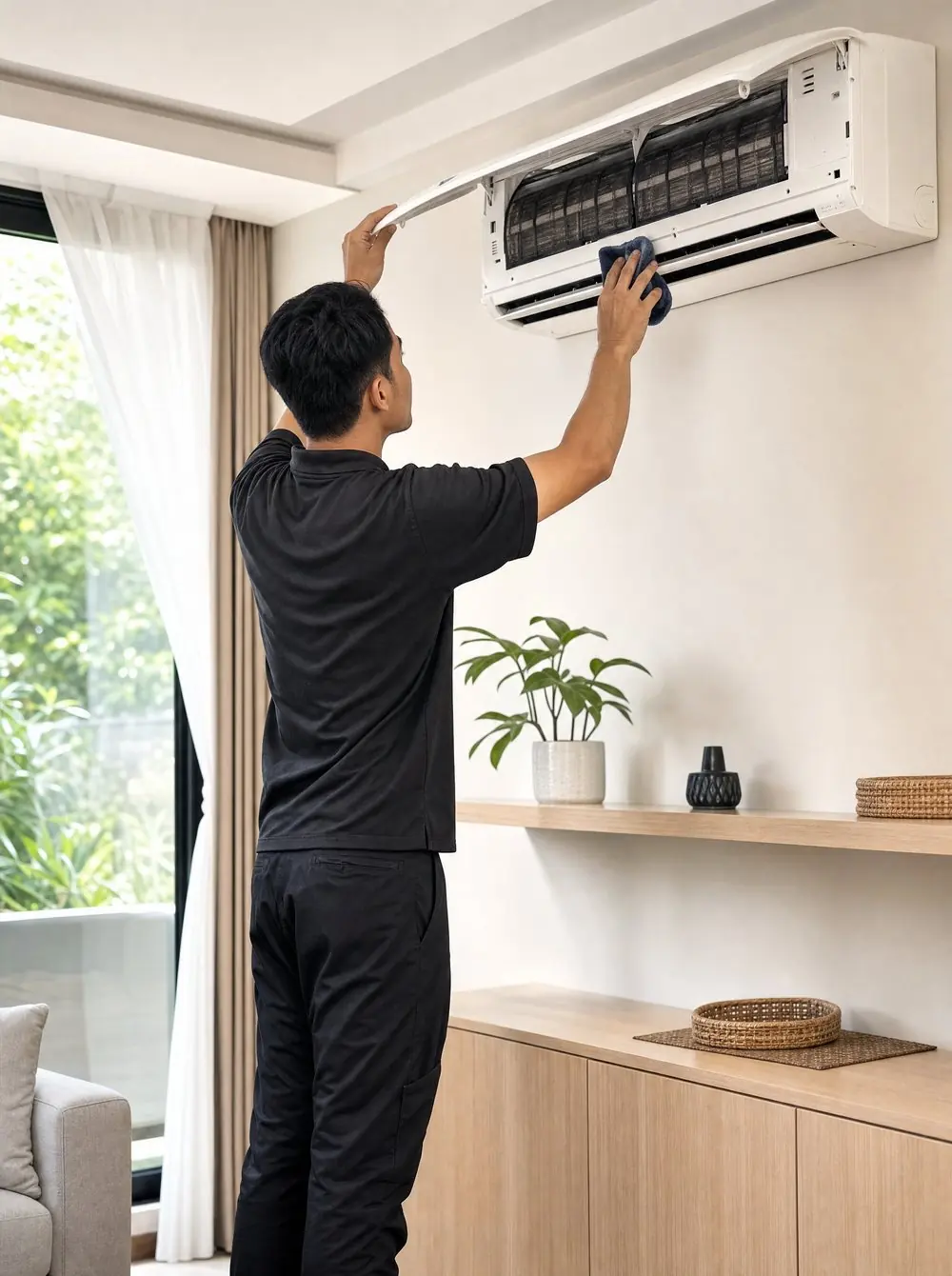 Teknisi Clean Your AC mencuci unit indoor AC split di ruang keluarga rumah pelanggan Tangerang